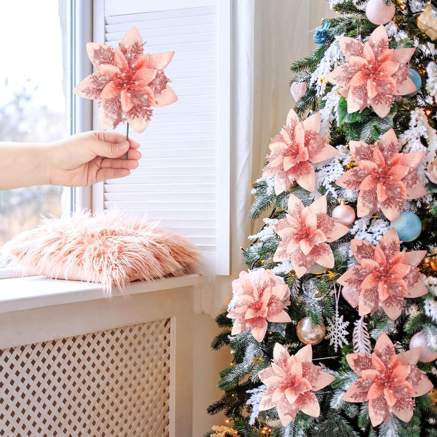 imageGeosar Glitter Christmas Poinsettia Artificial Xmas Flower Ornaments Flowers Decorations with Clips and Stems Glitter Poinsettia Christmas Tree Ornaments for Christmas Wedding Royal Blue36 PiecesRose Gold