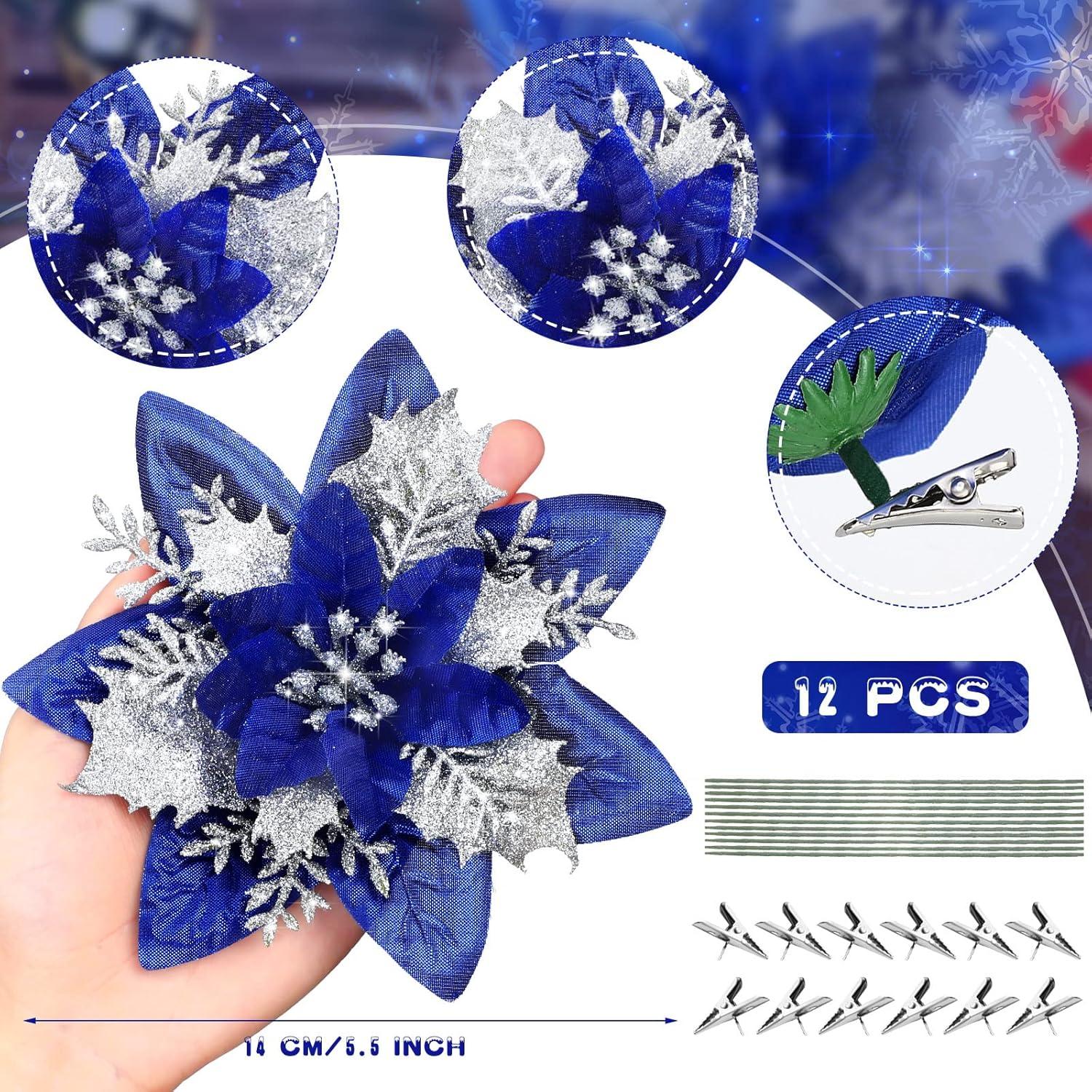 imageGeosar Glitter Christmas Poinsettia Artificial Xmas Flower Ornaments Flowers Decorations with Clips and Stems Glitter Poinsettia Christmas Tree Ornaments for Christmas Wedding Royal Blue36 PiecesRoyal Blue