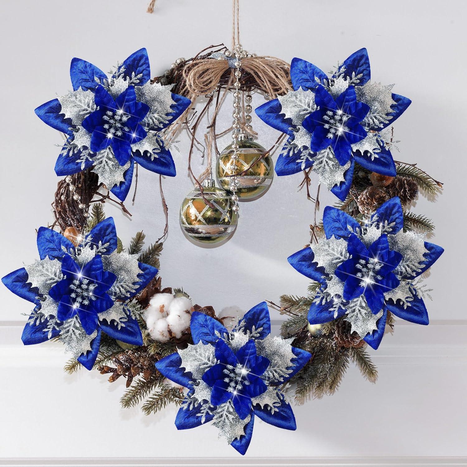 imageGeosar Glitter Christmas Poinsettia Artificial Xmas Flower Ornaments Flowers Decorations with Clips and Stems Glitter Poinsettia Christmas Tree Ornaments for Christmas Wedding Royal Blue36 PiecesNavy Blue