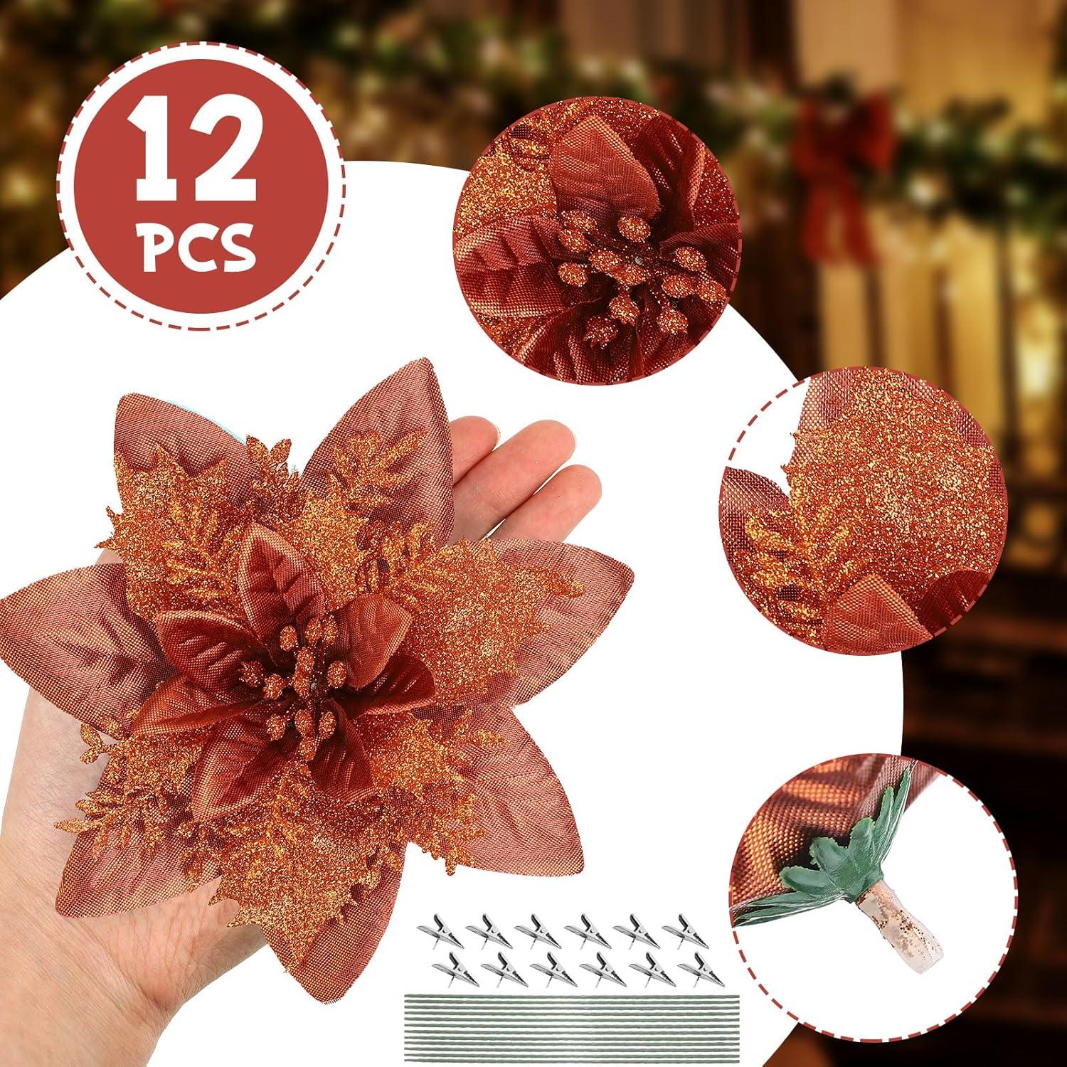 imageGeosar Glitter Christmas Poinsettia Artificial Xmas Flower Ornaments Flowers Decorations with Clips and Stems Glitter Poinsettia Christmas Tree Ornaments for Christmas Wedding Royal Blue36 PiecesBrown