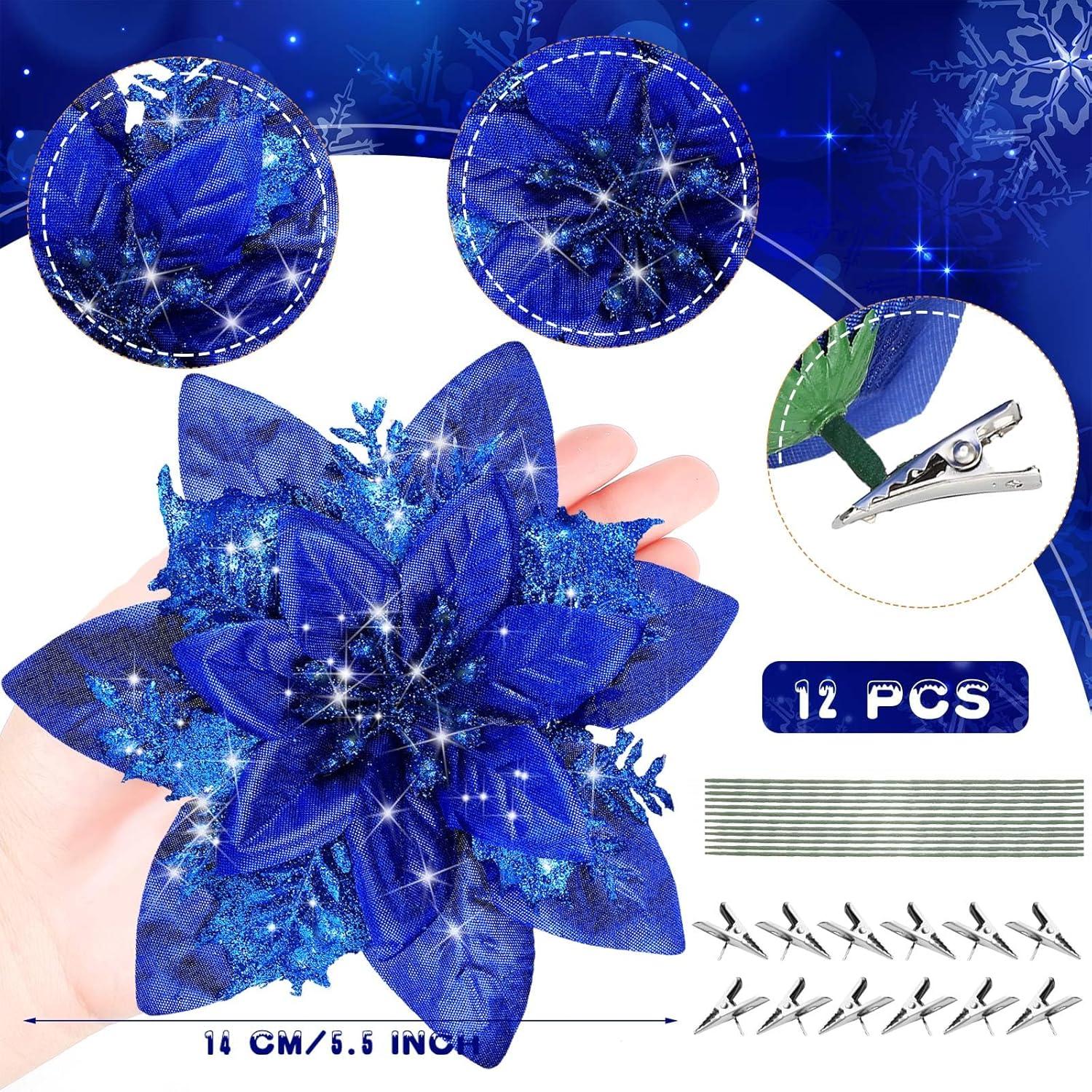 imageGeosar Glitter Christmas Poinsettia Artificial Xmas Flower Ornaments Flowers Decorations with Clips and Stems Glitter Poinsettia Christmas Tree Ornaments for Christmas Wedding Royal Blue36 PiecesPure Royal Blue