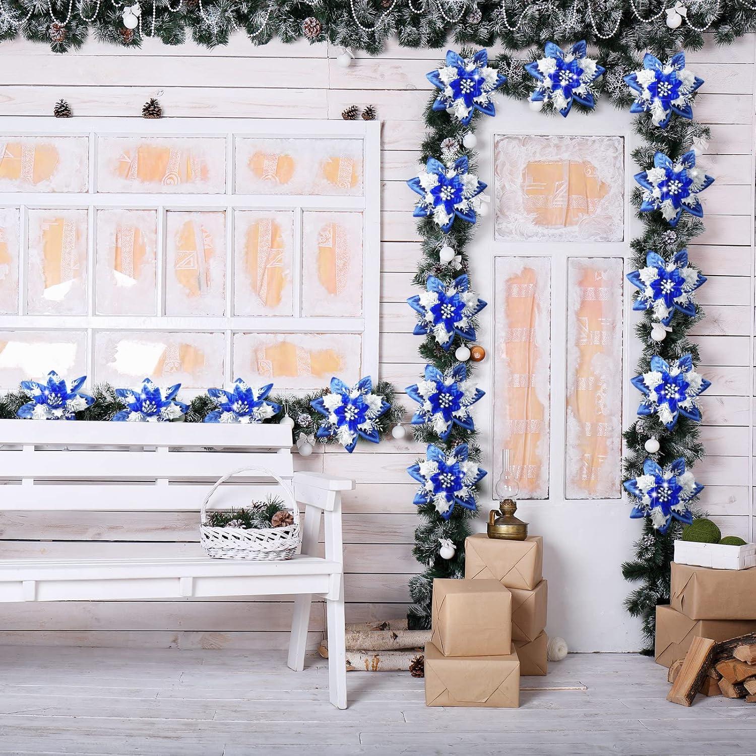 imageGeosar Glitter Christmas Poinsettia Artificial Xmas Flower Ornaments Flowers Decorations with Clips and Stems Glitter Poinsettia Christmas Tree Ornaments for Christmas Wedding Royal Blue36 PiecesRoyal Blue