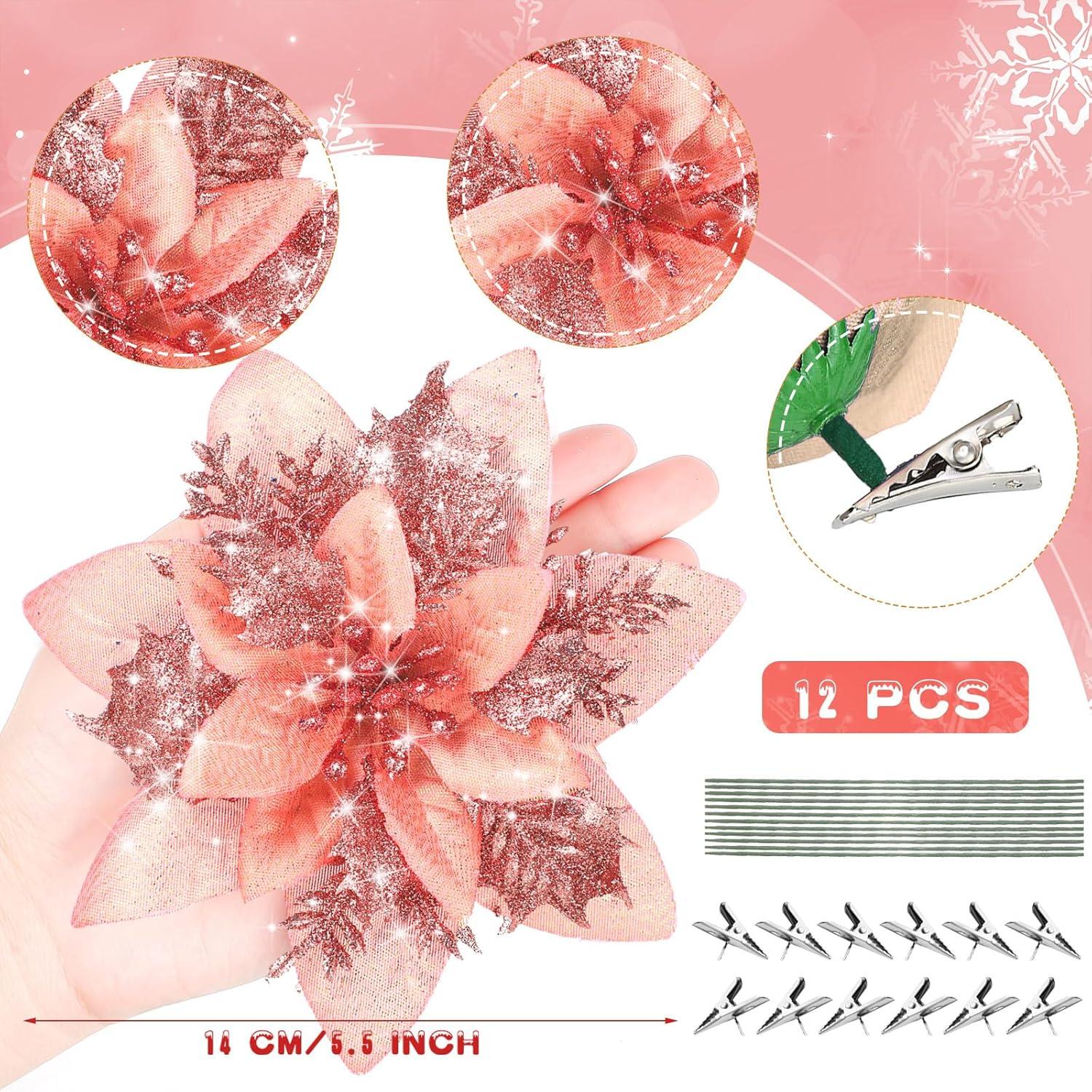 imageGeosar Glitter Christmas Poinsettia Artificial Xmas Flower Ornaments Flowers Decorations with Clips and Stems Glitter Poinsettia Christmas Tree Ornaments for Christmas Wedding Royal Blue36 PiecesRose Gold