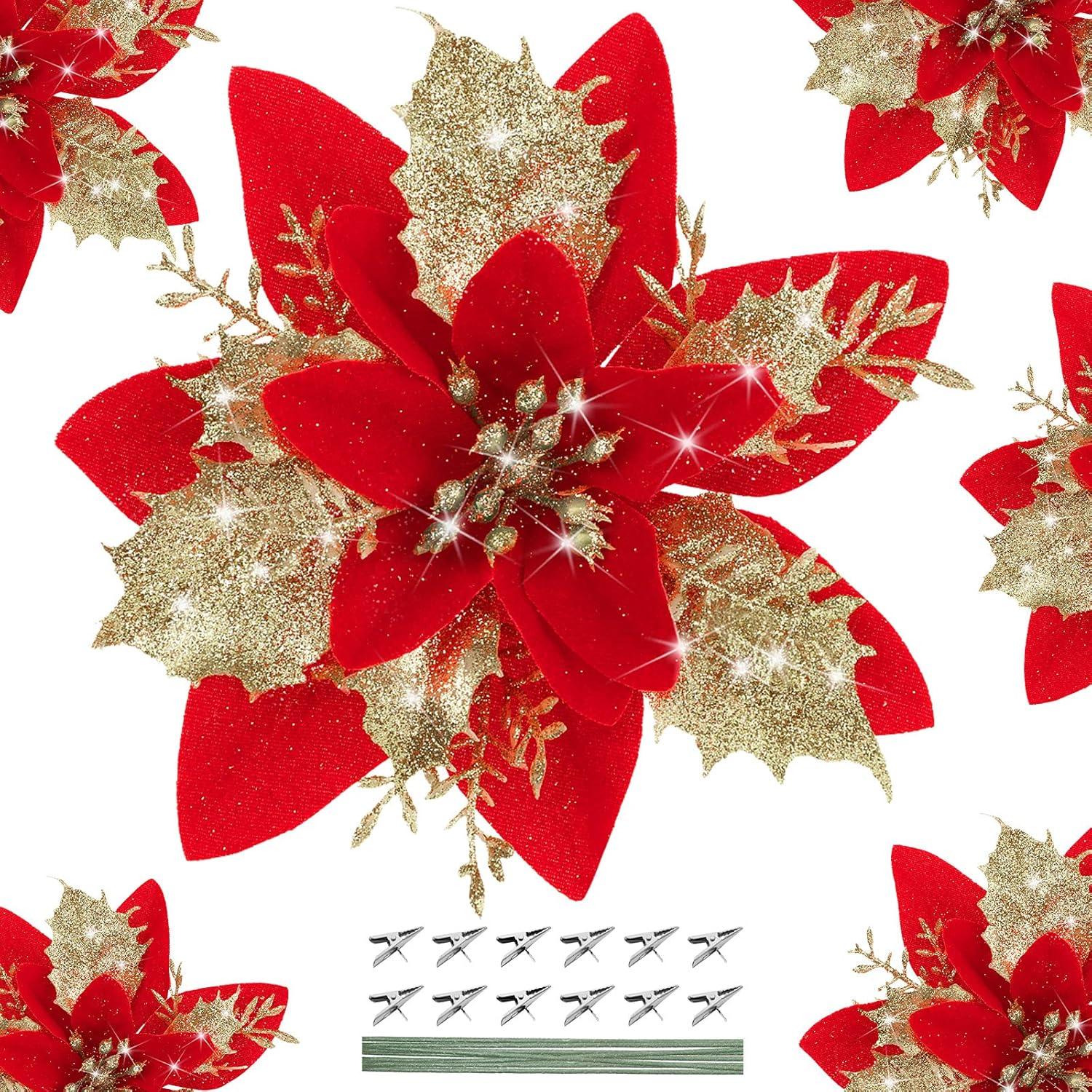 imageGeosar Glitter Christmas Poinsettia Artificial Xmas Flower Ornaments Flowers Decorations with Clips and Stems Glitter Poinsettia Christmas Tree Ornaments for Christmas Wedding Royal Blue36 PiecesRed