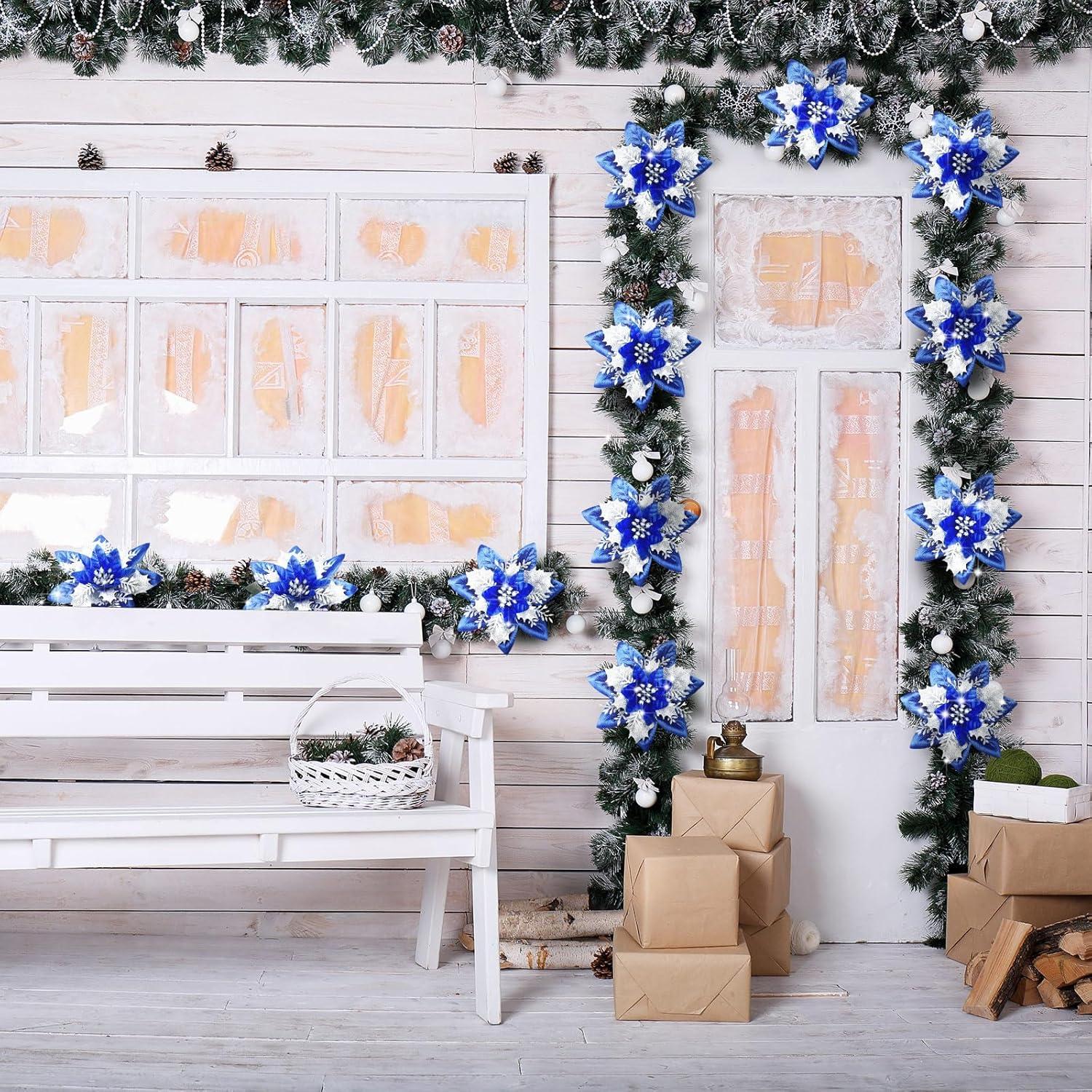 imageGeosar Glitter Christmas Poinsettia Artificial Xmas Flower Ornaments Flowers Decorations with Clips and Stems Glitter Poinsettia Christmas Tree Ornaments for Christmas Wedding Royal Blue36 PiecesNavy Blue