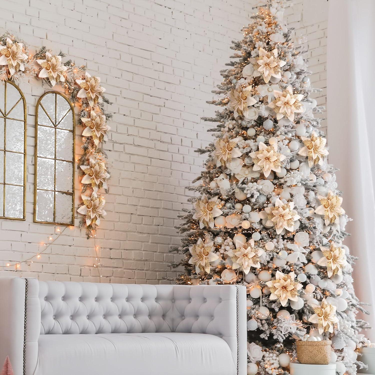 imageGeosar Glitter Christmas Poinsettia Artificial Xmas Flower Ornaments Flowers Decorations with Clips and Stems Glitter Poinsettia Christmas Tree Ornaments for Christmas Wedding Royal Blue36 PiecesChampaign Gold