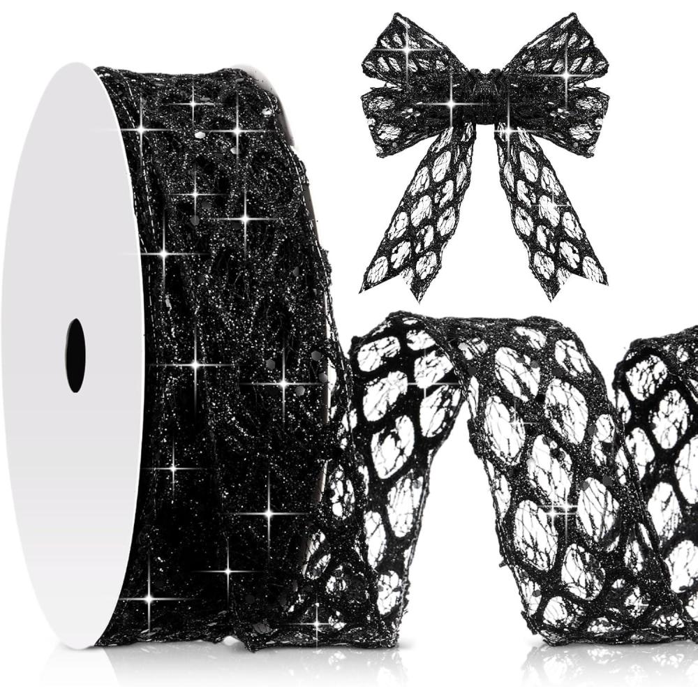 imageGeosar 20 Yards Gold Glitter Mesh Wired Ribbon for Christmas Tree Decorations Gift Wrapping DIY Craft Xmas Wreaths Cabinet Decor 15 InchBlack