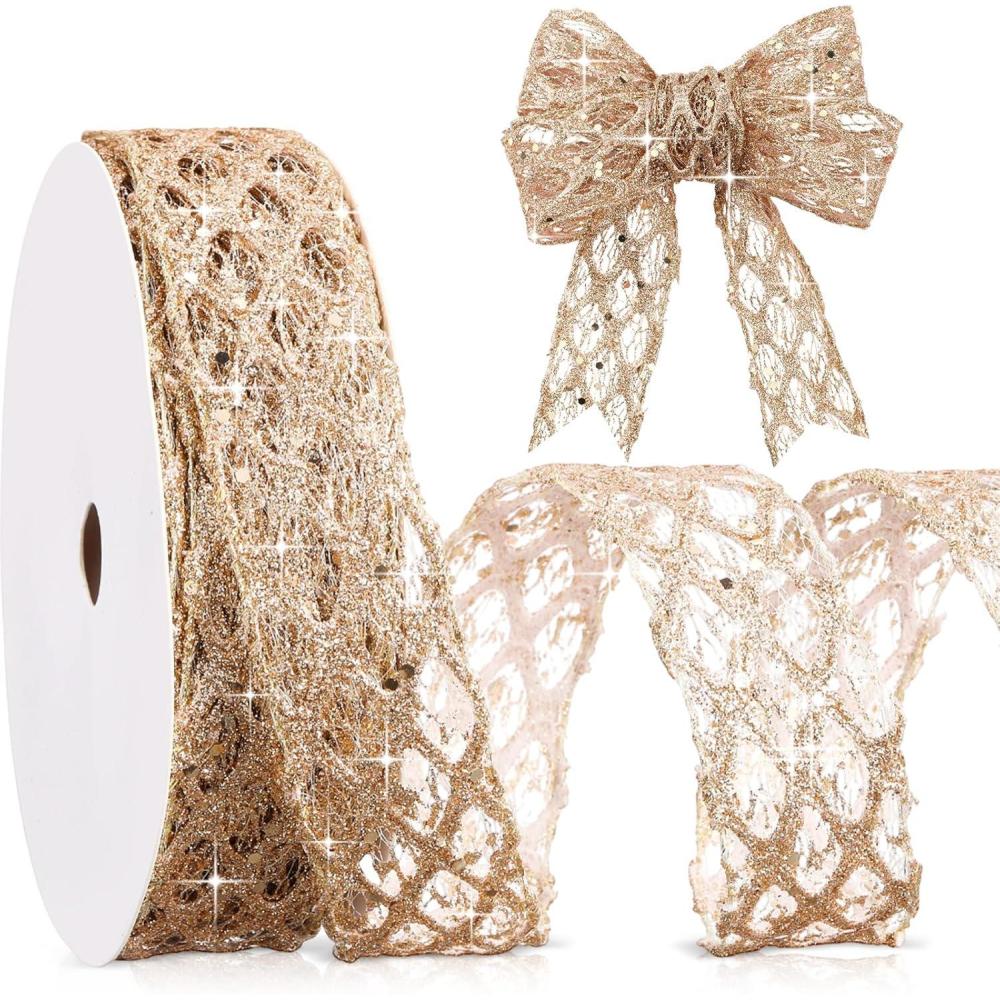 imageGeosar 20 Yards Gold Glitter Mesh Wired Ribbon for Christmas Tree Decorations Gift Wrapping DIY Craft Xmas Wreaths Cabinet Decor 15 InchChampagne Gold