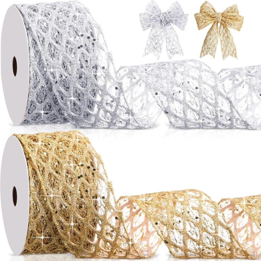 imageGeosar 20 Yards Gold Glitter Mesh Wired Ribbon for Christmas Tree Decorations Gift Wrapping DIY Craft Xmas Wreaths Cabinet Decor 15 InchGold  Silver