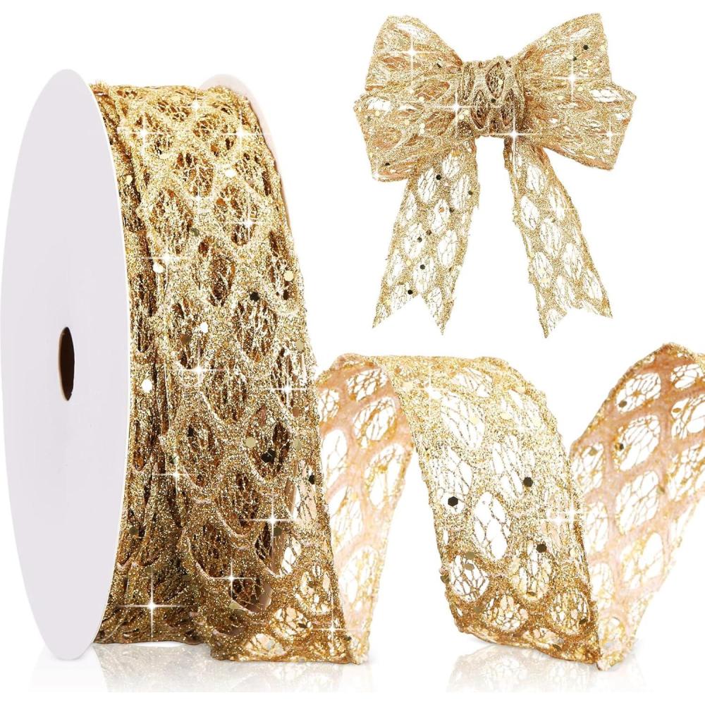 imageGeosar 20 Yards Gold Glitter Mesh Wired Ribbon for Christmas Tree Decorations Gift Wrapping DIY Craft Xmas Wreaths Cabinet Decor 15 InchGold