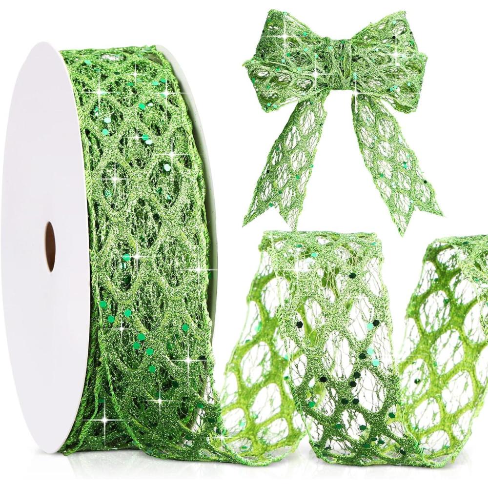 imageGeosar 20 Yards Gold Glitter Mesh Wired Ribbon for Christmas Tree Decorations Gift Wrapping DIY Craft Xmas Wreaths Cabinet Decor 15 InchLime Green