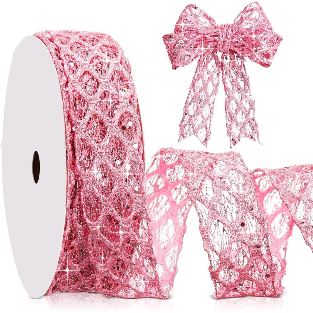 imageGeosar 20 Yards Gold Glitter Mesh Wired Ribbon for Christmas Tree Decorations Gift Wrapping DIY Craft Xmas Wreaths Cabinet Decor 15 InchPink