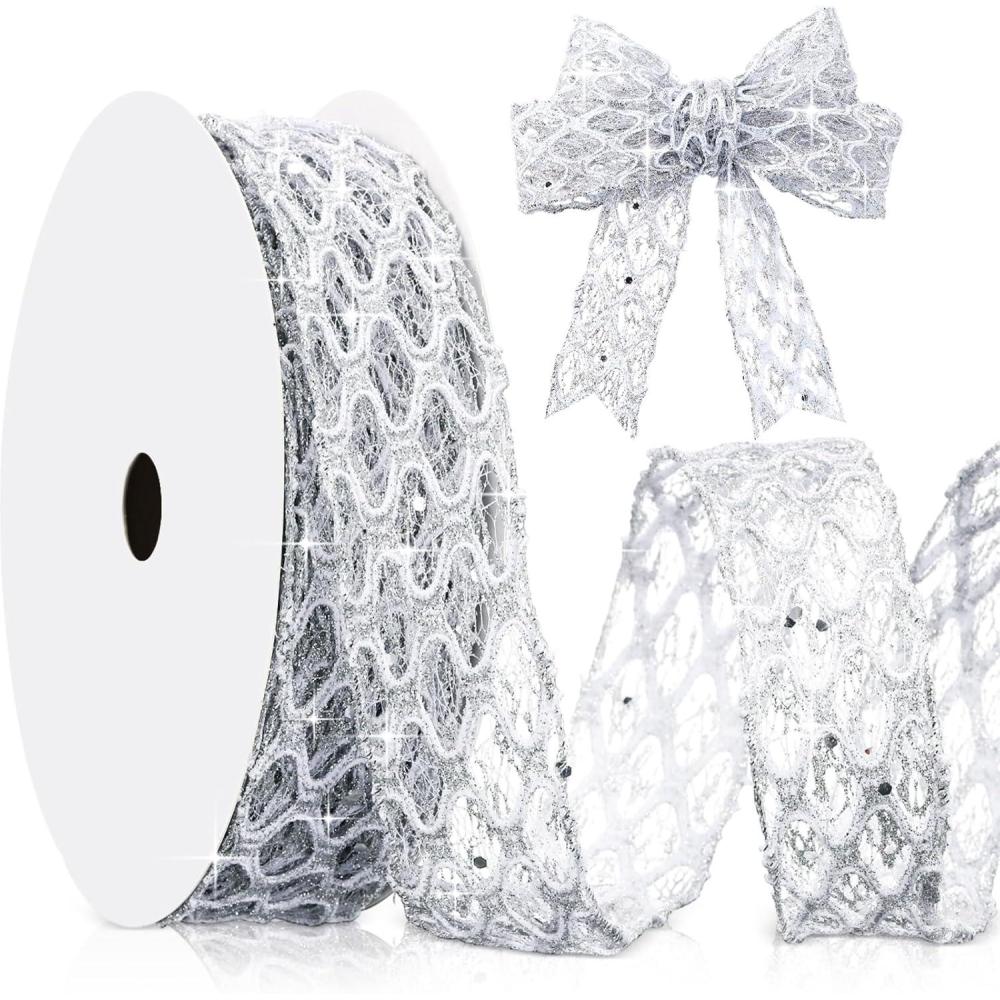 imageGeosar 20 Yards Gold Glitter Mesh Wired Ribbon for Christmas Tree Decorations Gift Wrapping DIY Craft Xmas Wreaths Cabinet Decor 15 InchSilver