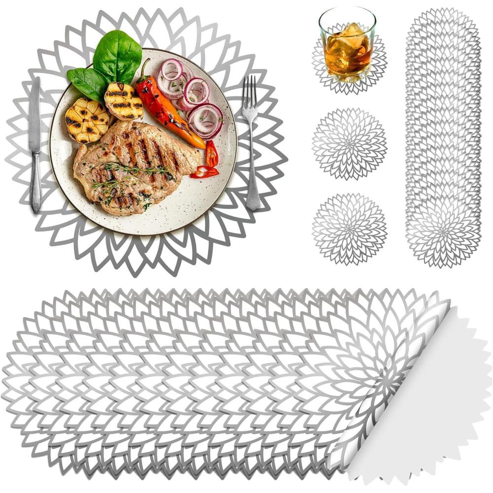 imageGeosar 200 Disposable Paper Placemats and Coasters Set Paper Woven Placemat with Coasters Outdoor Indoor for Farmhouse Rustic Dining Table Decoration Shower BirthdaySilver Metallic