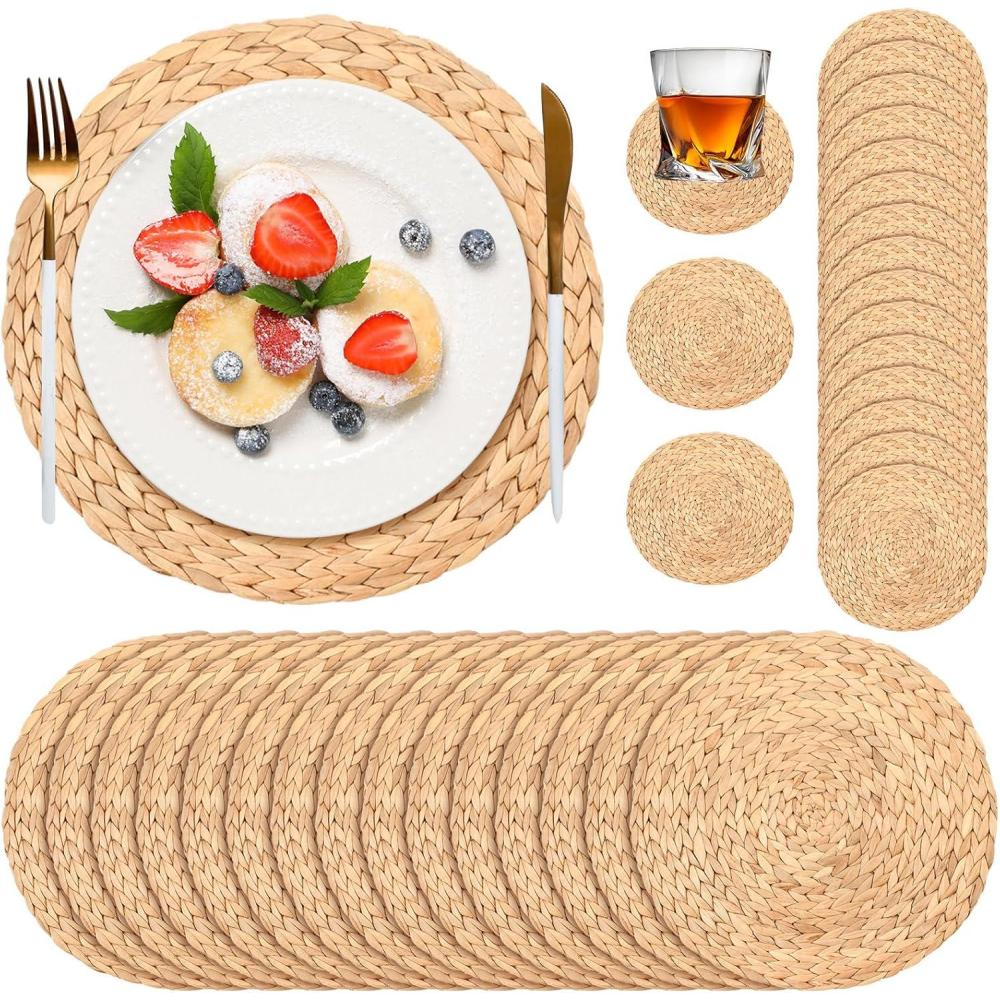 imageGeosar 200 Disposable Paper Placemats and Coasters Set Paper Woven Placemat with Coasters Outdoor Indoor for Farmhouse Rustic Dining Table Decoration Shower BirthdayLight Brown Woven