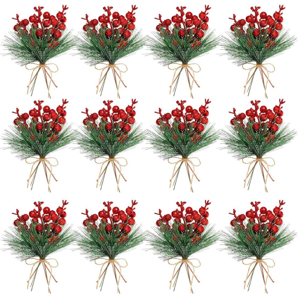imageGeosar 24 Pieces Christmas Artificial Greenery Pine Branches Small Holly Artificial Berries Picks Bulk for Crafts Wreath Decorations Xmas Tree Party Gift for Christmas Holiday Decor RedRed