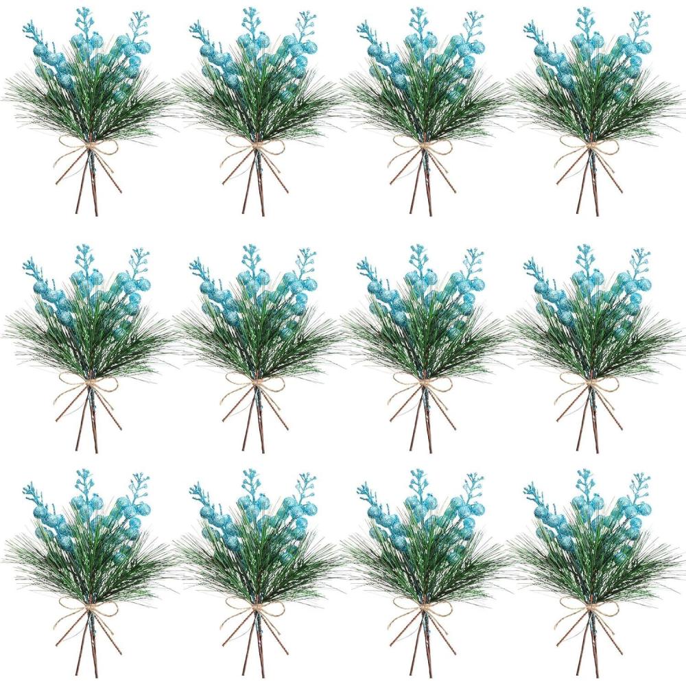 imageGeosar 24 Pieces Christmas Artificial Greenery Pine Branches Small Holly Artificial Berries Picks Bulk for Crafts Wreath Decorations Xmas Tree Party Gift for Christmas Holiday Decor RedBlue