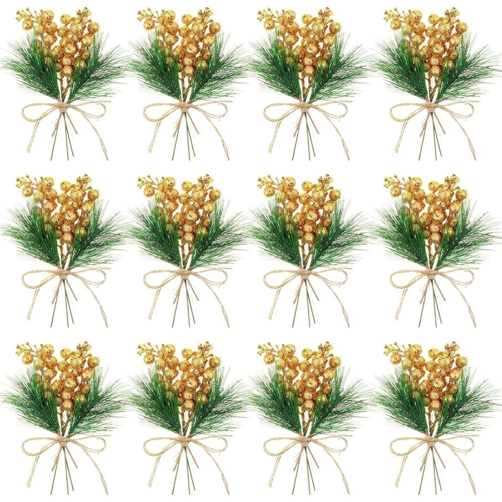 imageGeosar 24 Pieces Christmas Artificial Greenery Pine Branches Small Holly Artificial Berries Picks Bulk for Crafts Wreath Decorations Xmas Tree Party Gift for Christmas Holiday Decor RedGold