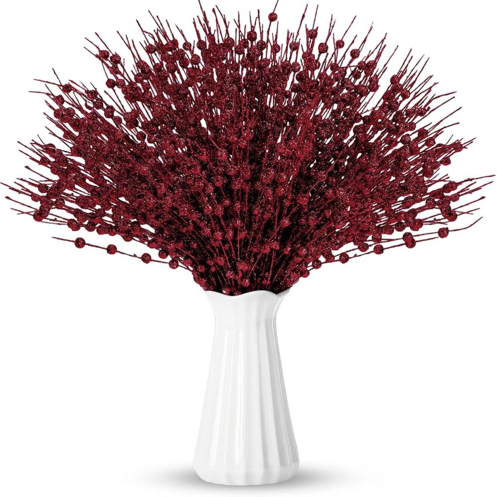 imageGeosar 30 Pcs Christmas Artificial Glitter Berry Stem Decorations 17 Inch Faux Stick Floral Pick Centerpiece Bouquet Flower Bead Twigs for Centerpiece Tree Wreath Xmas Ornaments HomeBurgundyBurgundy
