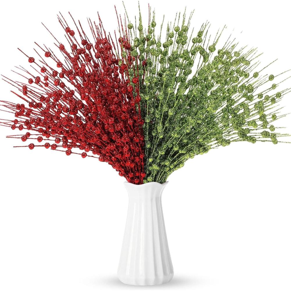 imageGeosar 30 Pcs Christmas Artificial Glitter Berry Stem Decorations 17 Inch Faux Stick Floral Pick Centerpiece Bouquet Flower Bead Twigs for Centerpiece Tree Wreath Xmas Ornaments HomeBurgundyGreen and Red