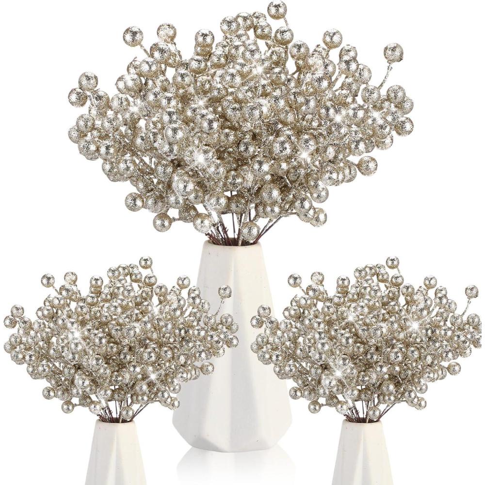 imageGeosar 30 Pieces Artificial Christmas Berry Picks with Snowflake Glitter Artificial Holly Berry Stems for Christmas Tree Ornaments Vases DIY Crafts Home Wedding Party Holiday DecorWhiteChampagne