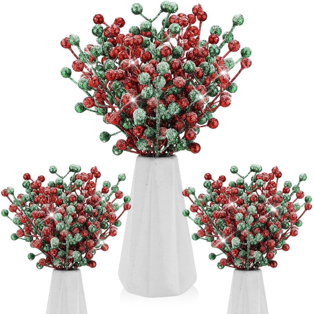 imageGeosar 30 Pieces Artificial Christmas Berry Picks with Snowflake Glitter Artificial Holly Berry Stems for Christmas Tree Ornaments Vases DIY Crafts Home Wedding Party Holiday DecorWhiteGlitter Red  Light Green