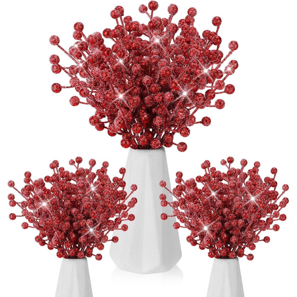 imageGeosar 30 Pieces Artificial Christmas Berry Picks with Snowflake Glitter Artificial Holly Berry Stems for Christmas Tree Ornaments Vases DIY Crafts Home Wedding Party Holiday DecorWhiteGlitter Red