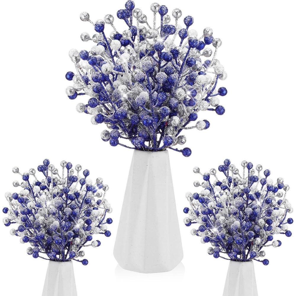 imageGeosar 30 Pieces Artificial Christmas Berry Picks with Snowflake Glitter Artificial Holly Berry Stems for Christmas Tree Ornaments Vases DIY Crafts Home Wedding Party Holiday DecorWhiteGlitter Silver  Royal Blue