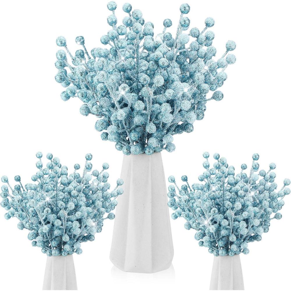 imageGeosar 30 Pieces Artificial Christmas Berry Picks with Snowflake Glitter Artificial Holly Berry Stems for Christmas Tree Ornaments Vases DIY Crafts Home Wedding Party Holiday DecorWhiteBaby Blue