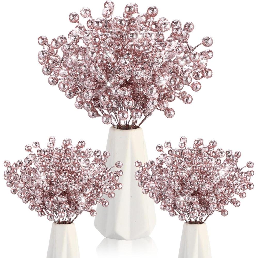 imageGeosar 30 Pieces Artificial Christmas Berry Picks with Snowflake Glitter Artificial Holly Berry Stems for Christmas Tree Ornaments Vases DIY Crafts Home Wedding Party Holiday DecorWhiteRose Gold