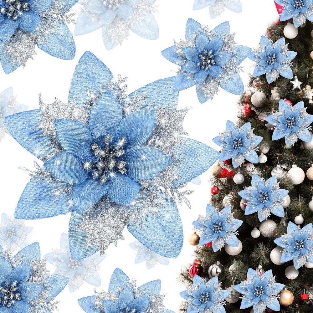 imageGeosar Glitter Christmas Poinsettia Artificial Xmas Flower Ornaments Flowers Decorations with Clips and Stems Glitter Poinsettia Christmas Tree Ornaments for Christmas Wedding Royal Blue36 PiecesLight Blue  Silver