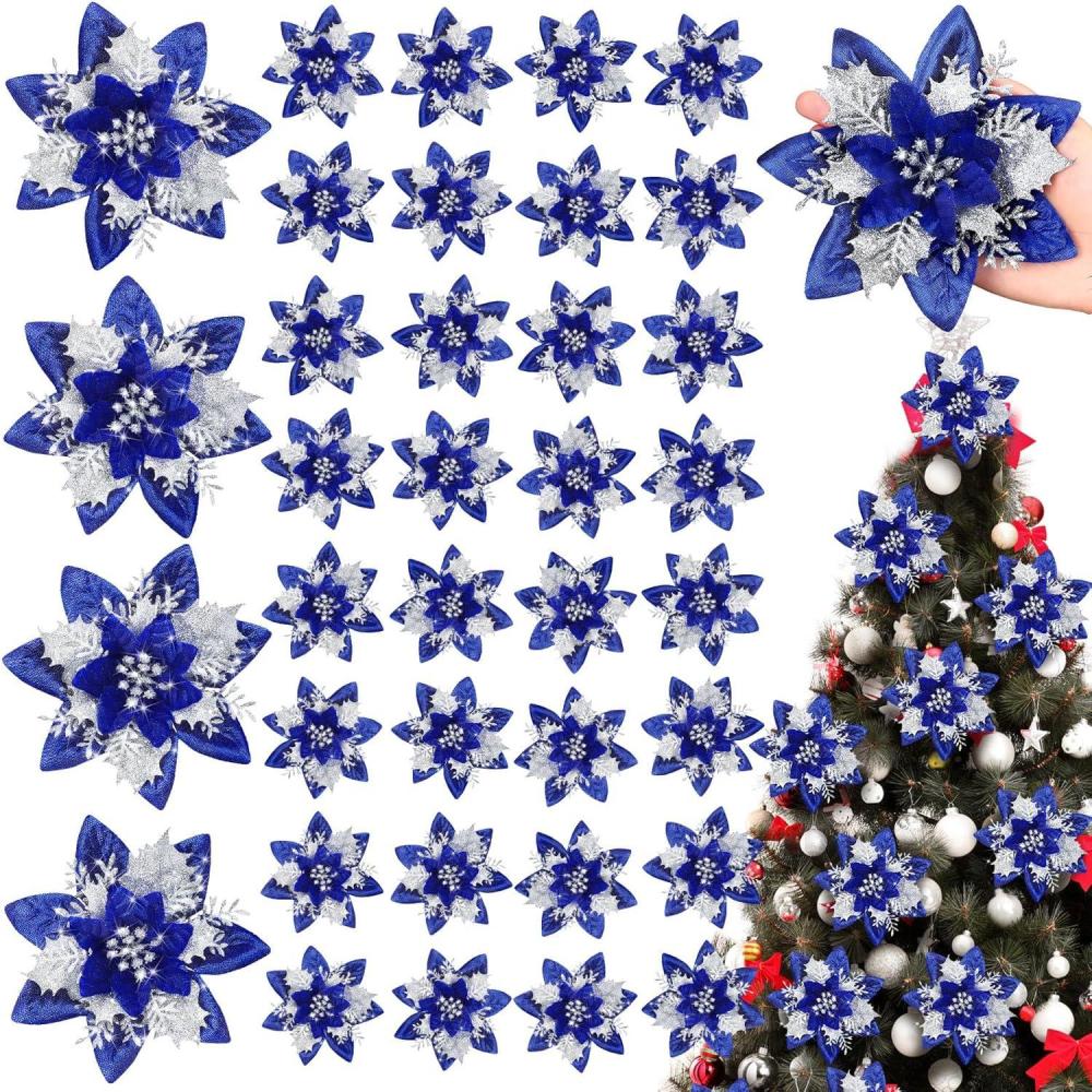 imageGeosar Glitter Christmas Poinsettia Artificial Xmas Flower Ornaments Flowers Decorations with Clips and Stems Glitter Poinsettia Christmas Tree Ornaments for Christmas Wedding Royal Blue36 PiecesNavy Blue
