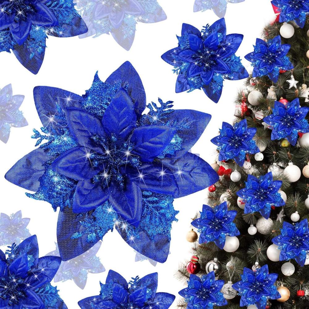 imageGeosar Glitter Christmas Poinsettia Artificial Xmas Flower Ornaments Flowers Decorations with Clips and Stems Glitter Poinsettia Christmas Tree Ornaments for Christmas Wedding Royal Blue36 PiecesPure Royal Blue