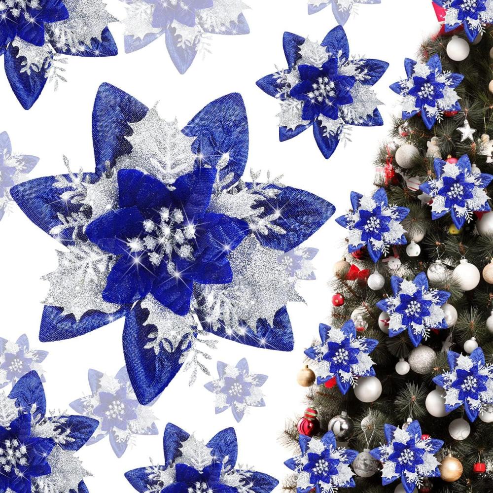 imageGeosar Glitter Christmas Poinsettia Artificial Xmas Flower Ornaments Flowers Decorations with Clips and Stems Glitter Poinsettia Christmas Tree Ornaments for Christmas Wedding Royal Blue36 PiecesRoyal Blue