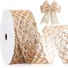 imageGeosar 20 Yards Gold Glitter Mesh Wired Ribbon for Christmas Tree Decorations Gift Wrapping DIY Craft Xmas Wreaths Cabinet Decor 15 InchChampagne Gold