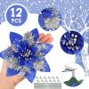 imageGeosar Glitter Christmas Poinsettia Artificial Xmas Flower Ornaments Flowers Decorations with Clips and Stems Glitter Poinsettia Christmas Tree Ornaments for Christmas Wedding Royal Blue36 PiecesBlue  Silver