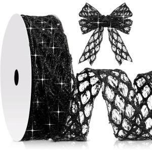 imageGeosar 20 Yards Gold Glitter Mesh Wired Ribbon for Christmas Tree Decorations Gift Wrapping DIY Craft Xmas Wreaths Cabinet Decor 15 InchBlack