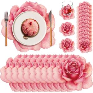 imageGeosar 200 Disposable Paper Placemats and Coasters Set Paper Woven Placemat with Coasters Outdoor Indoor for Farmhouse Rustic Dining Table Decoration Shower BirthdayRose Flower