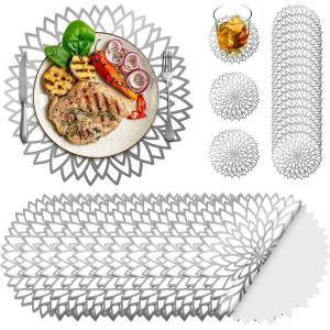 imageGeosar 200 Disposable Paper Placemats and Coasters Set Paper Woven Placemat with Coasters Outdoor Indoor for Farmhouse Rustic Dining Table Decoration Shower BirthdaySilver Metallic