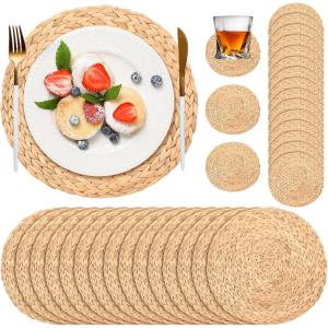 imageGeosar 200 Disposable Paper Placemats and Coasters Set Paper Woven Placemat with Coasters Outdoor Indoor for Farmhouse Rustic Dining Table Decoration Shower BirthdayLight Brown Woven