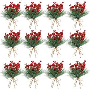 imageGeosar 24 Pieces Christmas Artificial Greenery Pine Branches Small Holly Artificial Berries Picks Bulk for Crafts Wreath Decorations Xmas Tree Party Gift for Christmas Holiday Decor RedRed