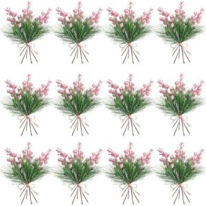 imageGeosar 24 Pieces Christmas Artificial Greenery Pine Branches Small Holly Artificial Berries Picks Bulk for Crafts Wreath Decorations Xmas Tree Party Gift for Christmas Holiday Decor RedPink