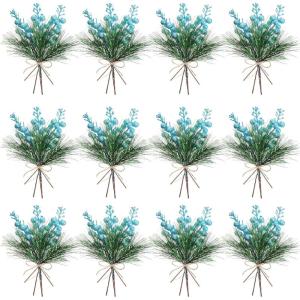 imageGeosar 24 Pieces Christmas Artificial Greenery Pine Branches Small Holly Artificial Berries Picks Bulk for Crafts Wreath Decorations Xmas Tree Party Gift for Christmas Holiday Decor RedBlue