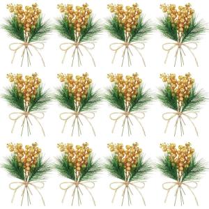 imageGeosar 24 Pieces Christmas Artificial Greenery Pine Branches Small Holly Artificial Berries Picks Bulk for Crafts Wreath Decorations Xmas Tree Party Gift for Christmas Holiday Decor RedGold