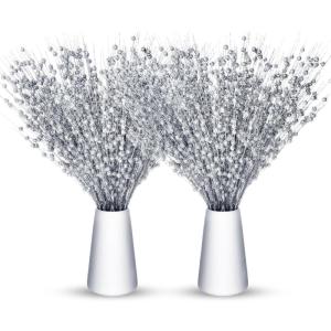 imageGeosar 30 Pcs Christmas Artificial Glitter Berry Stem Decorations 17 Inch Faux Stick Floral Pick Centerpiece Bouquet Flower Bead Twigs for Centerpiece Tree Wreath Xmas Ornaments HomeBurgundySilver