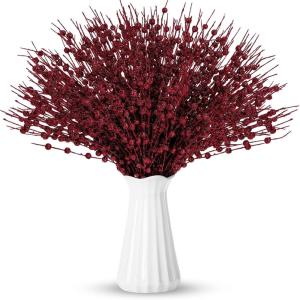 imageGeosar 30 Pcs Christmas Artificial Glitter Berry Stem Decorations 17 Inch Faux Stick Floral Pick Centerpiece Bouquet Flower Bead Twigs for Centerpiece Tree Wreath Xmas Ornaments HomeBurgundyBurgundy
