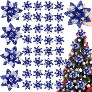 imageGeosar Glitter Christmas Poinsettia Artificial Xmas Flower Ornaments Flowers Decorations with Clips and Stems Glitter Poinsettia Christmas Tree Ornaments for Christmas Wedding Royal Blue36 PiecesNavy Blue