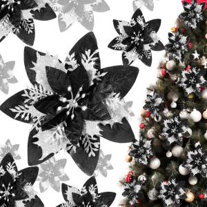 imageGeosar Glitter Christmas Poinsettia Artificial Xmas Flower Ornaments Flowers Decorations with Clips and Stems Glitter Poinsettia Christmas Tree Ornaments for Christmas Wedding Royal Blue36 PiecesBlack and Silver