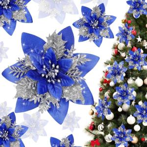 imageGeosar Glitter Christmas Poinsettia Artificial Xmas Flower Ornaments Flowers Decorations with Clips and Stems Glitter Poinsettia Christmas Tree Ornaments for Christmas Wedding Royal Blue36 PiecesBlue  Silver