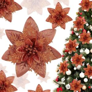 imageGeosar Glitter Christmas Poinsettia Artificial Xmas Flower Ornaments Flowers Decorations with Clips and Stems Glitter Poinsettia Christmas Tree Ornaments for Christmas Wedding Royal Blue36 PiecesBrown